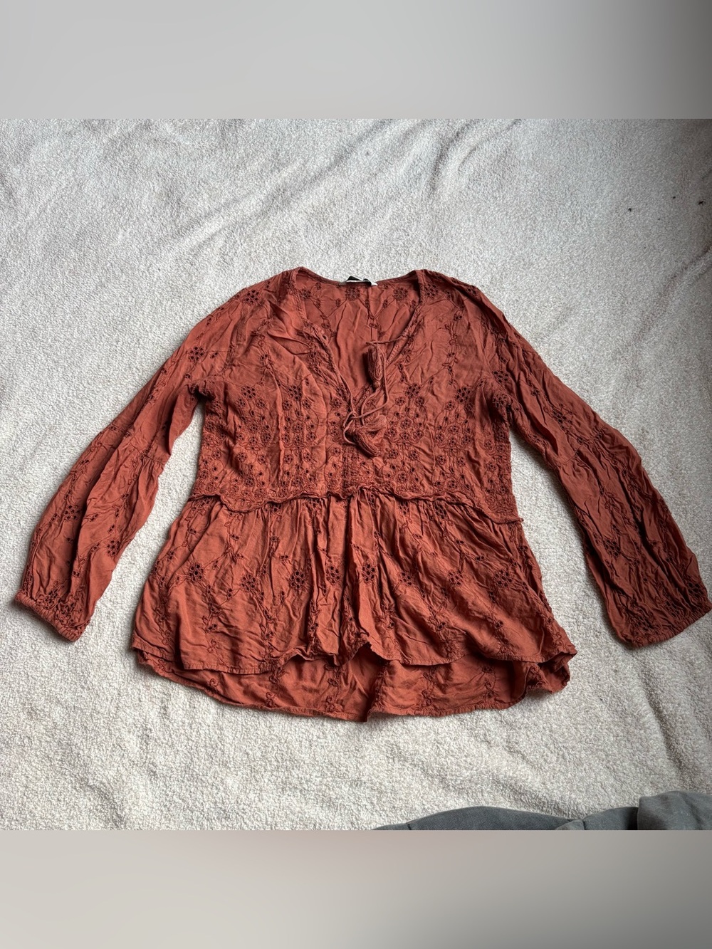 American Eagle Outfitters Rust Embroidered Peasant Top